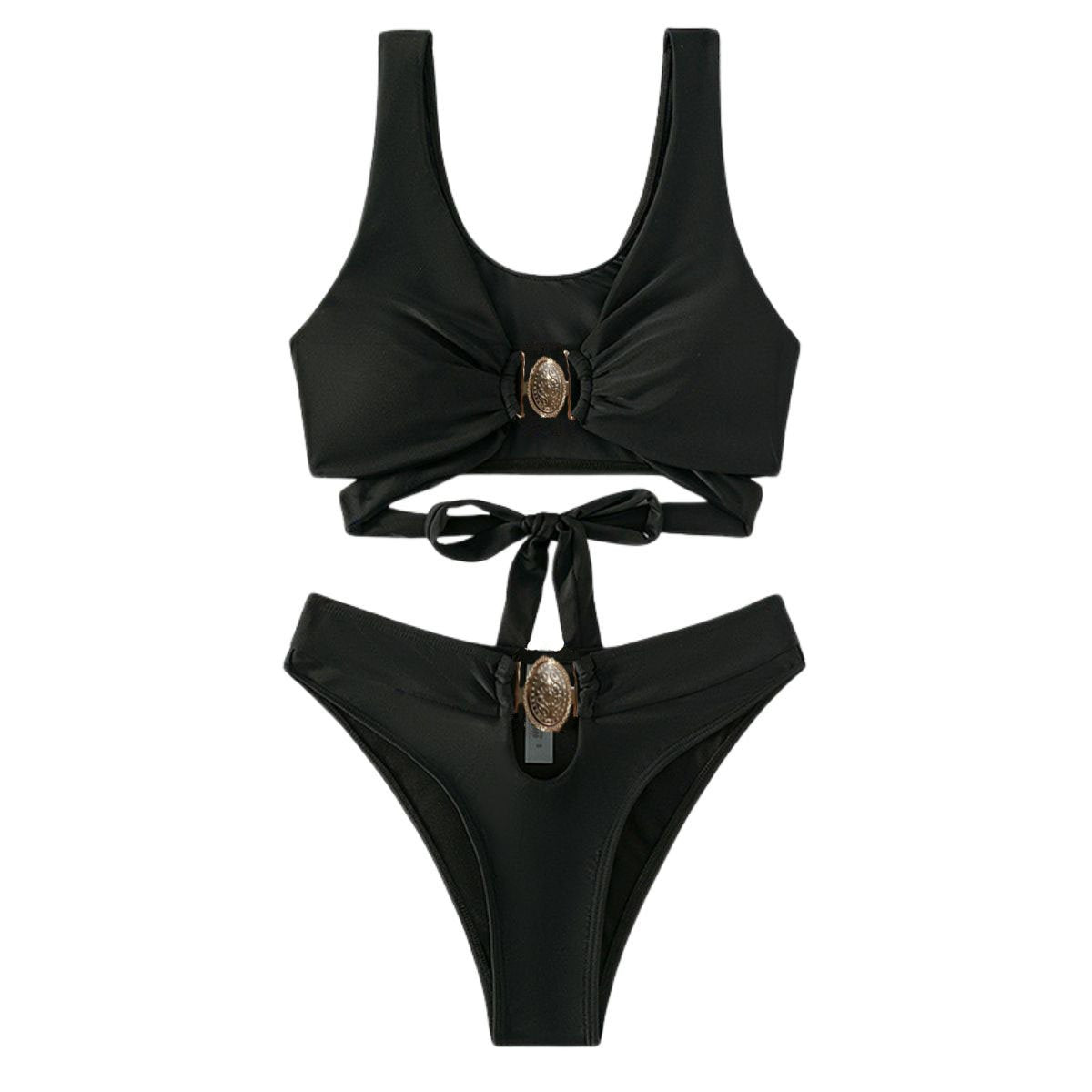 Metal applique solid self tie v neck sleeveless bikini swimwear