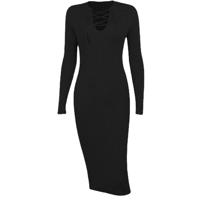Lace up solid ribbed long sleeve notch neck mini dress - View 7