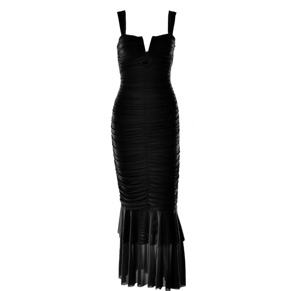 Solid ruched notch neck mesh zip-up ruffle maxi dress - View 4