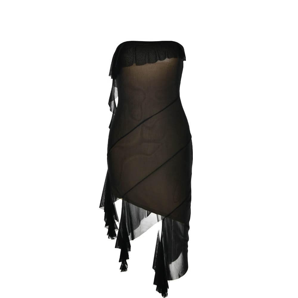 Mesh ruffle solid irregular backless tube mini dress - View 2