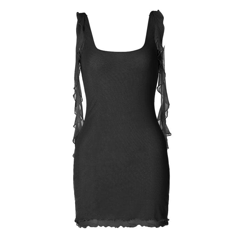 Square neck sheer mesh backless ruffle ribbon solid mini dress - View 6