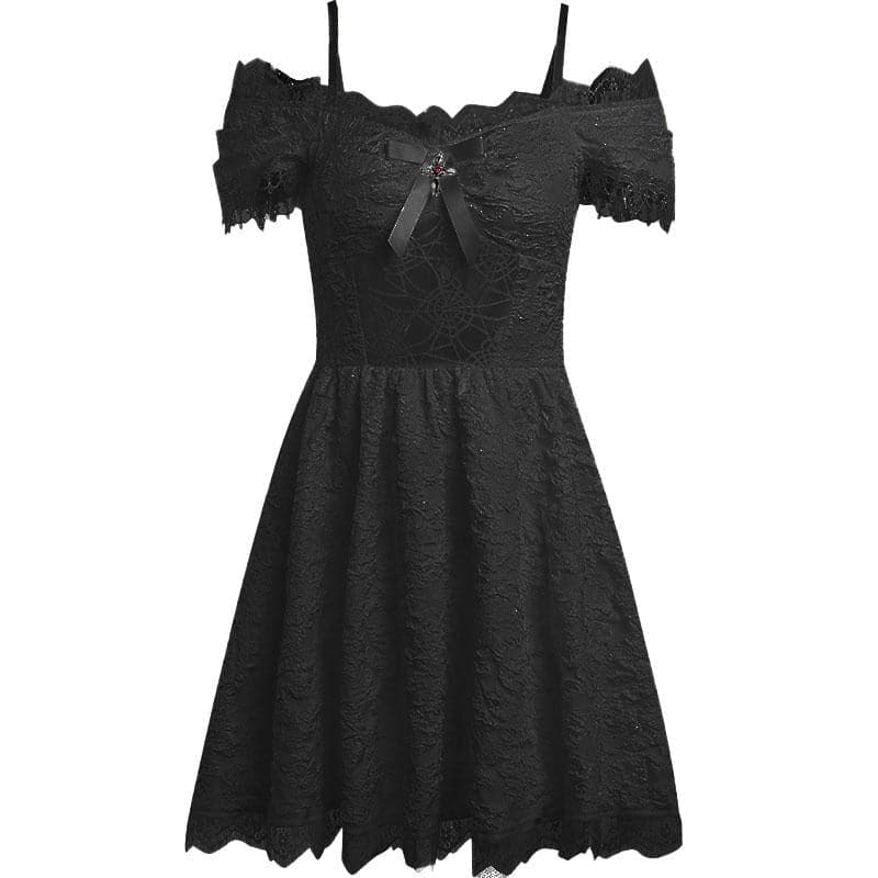 Hollow out off shoulder short sleeve cross applique mini dress - View 8