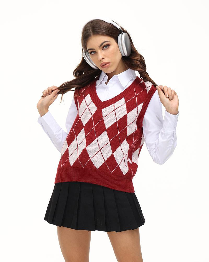 Esthea Argyle Sweater Vest - Fashionpara