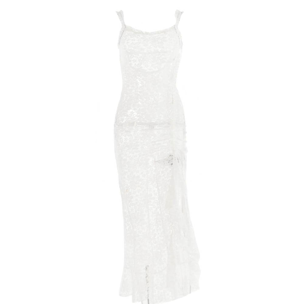 Lace see through self tie solid backless slit maxi dress - View 2