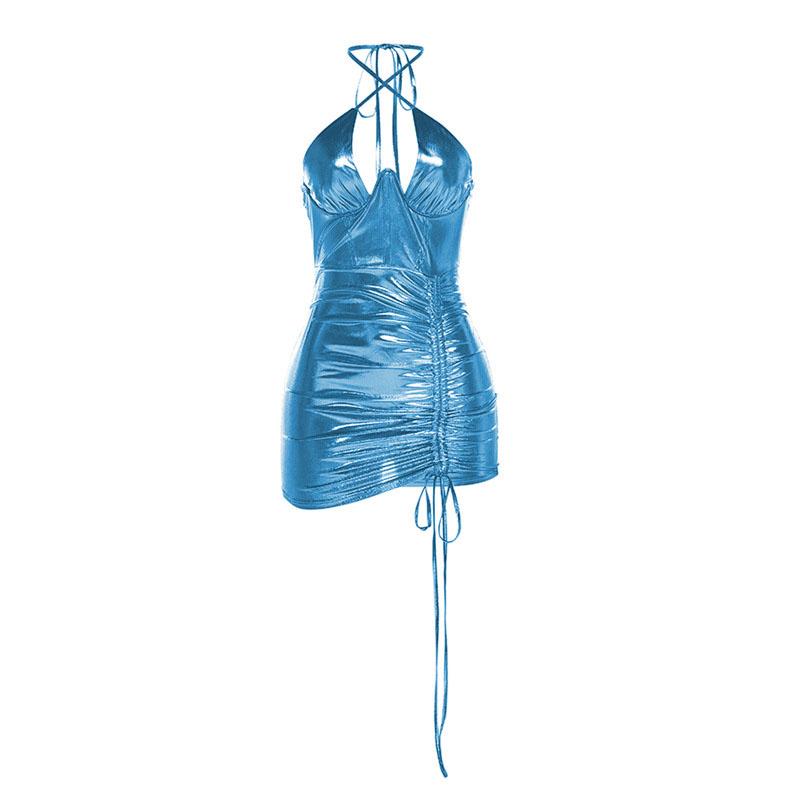 Metallic Halter Neck Ruched Drawstring Bodycon Mini Dress - View 4