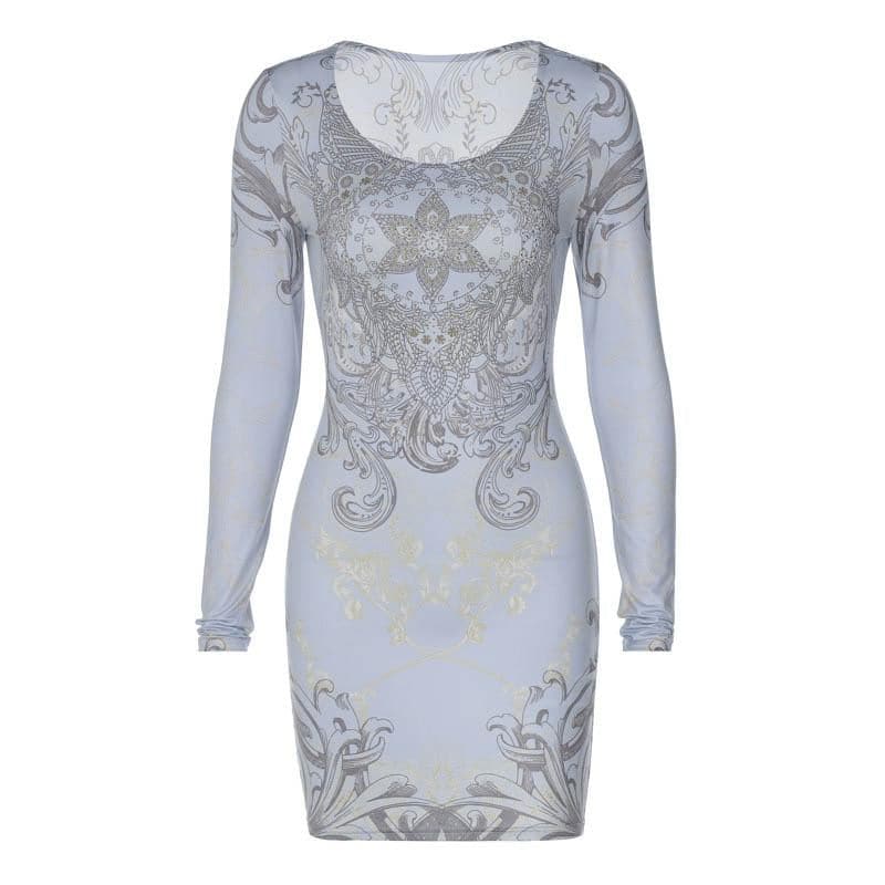 Beaded long sleeve u neck abstract contrast mini dress - View 9