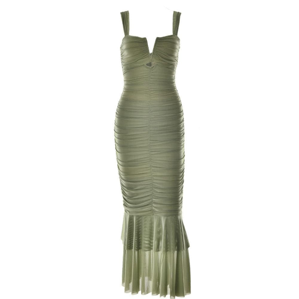 Solid ruched notch neck mesh zip-up ruffle maxi dress - View 5
