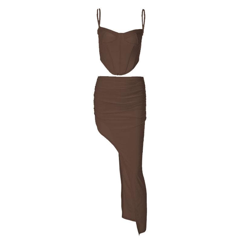 Low Cut Corset Ruched Backless High Split Maxi Dress - View 10