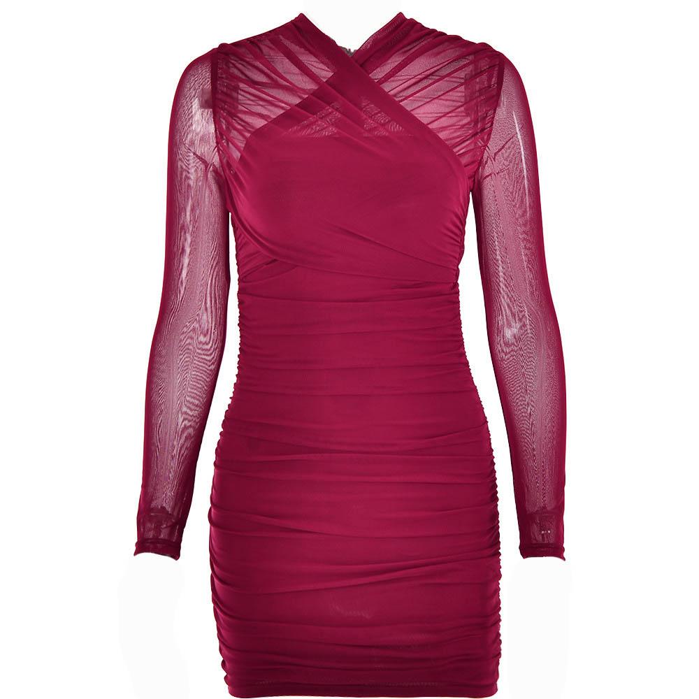 Cross Front Mesh Ruched Long Sleeve Mini Dress - View 2