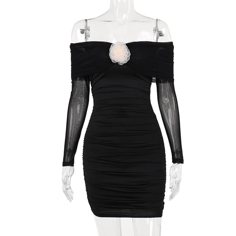 Off Shoulder Long Sleeve Ruched Rosette Bodycon Mini Dress - View 3