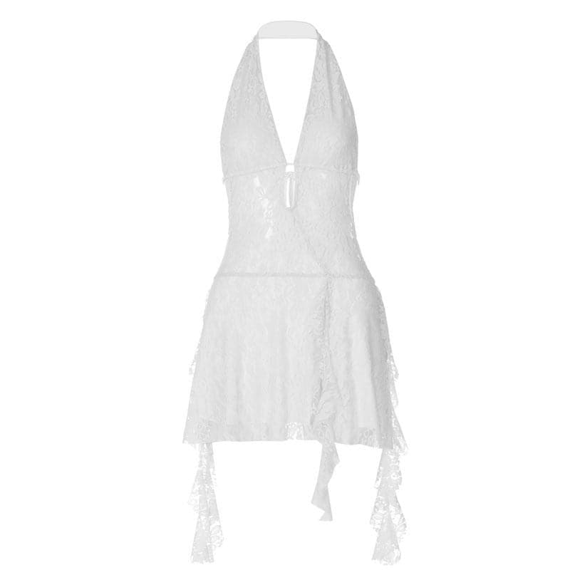 Lace Halter Deep V-Neck Ruffle Mini Dress - View 2