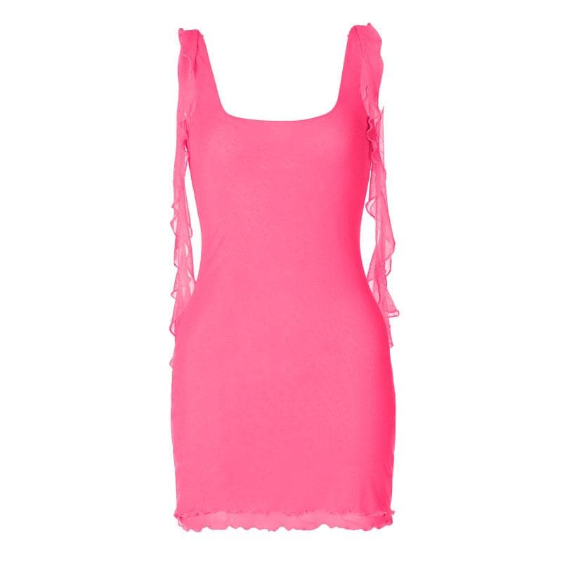 Square neck sheer mesh backless ruffle ribbon solid mini dress - View 4