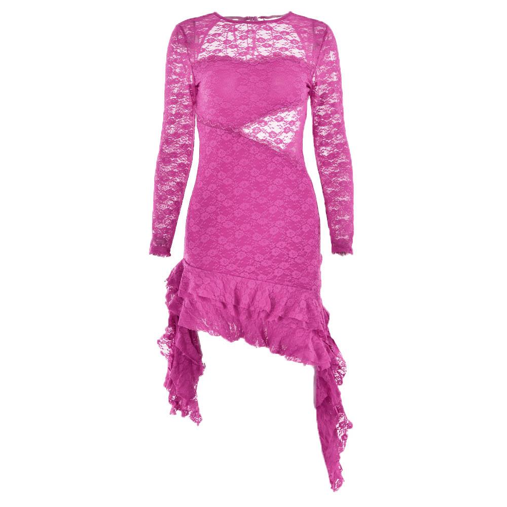Lace backless solid ruffle long sleeve irregular mini dress - View 8