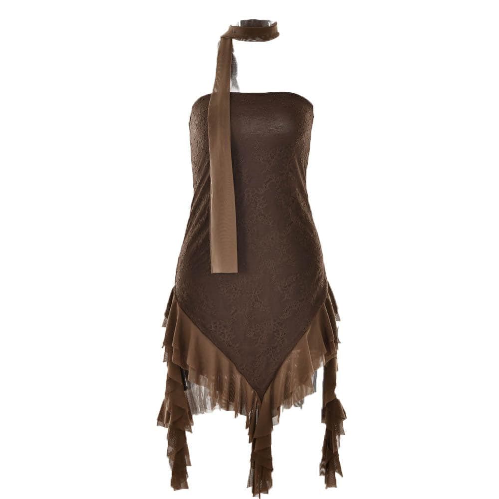 Mesh ruffle ribbon irregular solid backless tube mini dress - View 2
