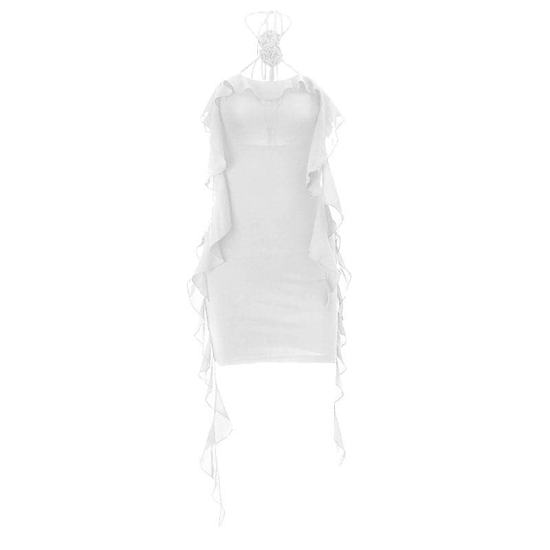 Halter Neck Flower Applique Ruffle Bodycon Mini Dress - View 3