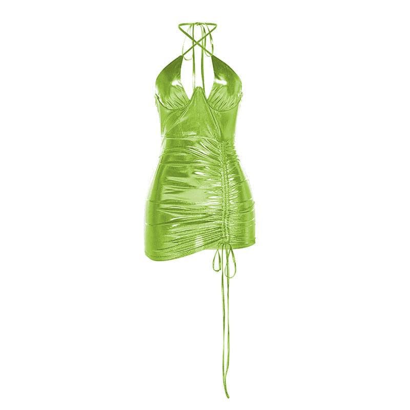 Metallic Halter Neck Ruched Drawstring Bodycon Mini Dress - View 7