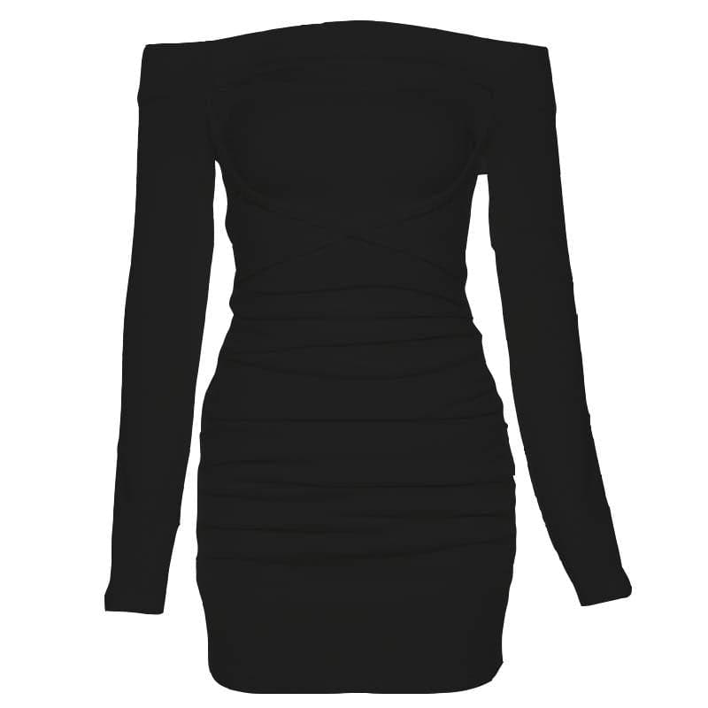 Lace up solid hollow out off shoulder long sleeve mini dress - View 8