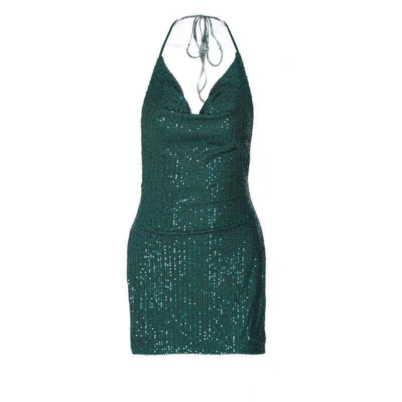 Glitter Cowl Neck Halter Backless High Split Bodycon Mini Dress - View 9