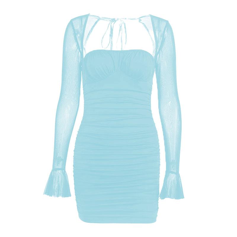 Mesh flared sleeve solid ruched zip-up lace up mini dress - View 11