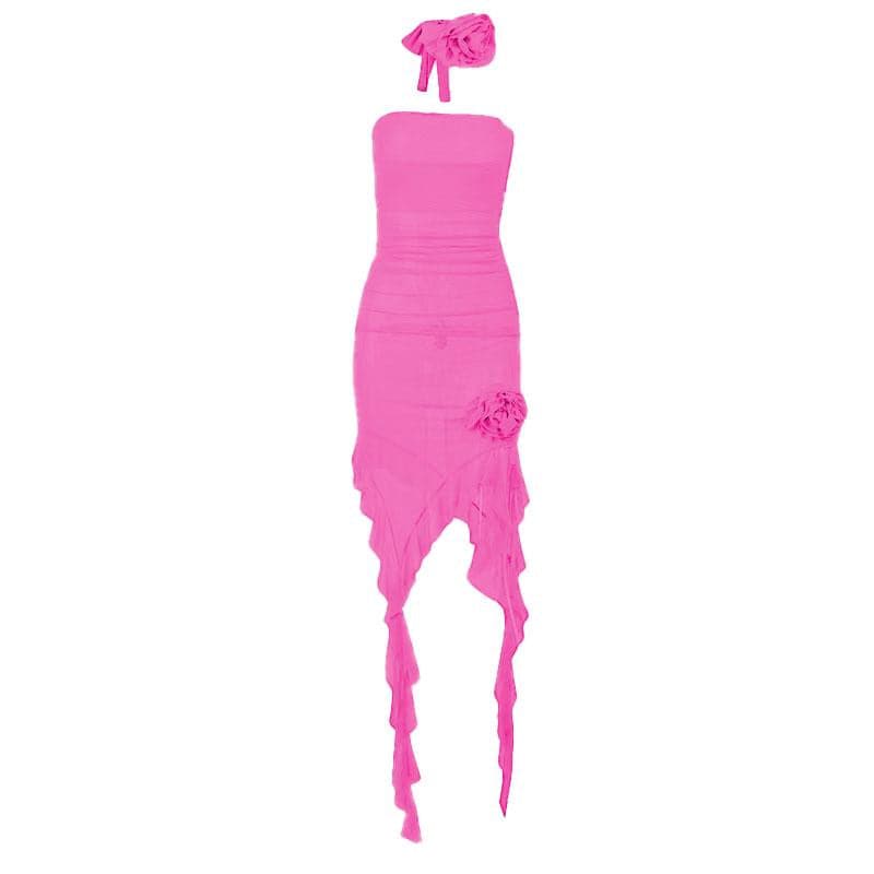 Mesh Halter Neck Floral Applique Ruffle High Low Midi Dress - View 9
