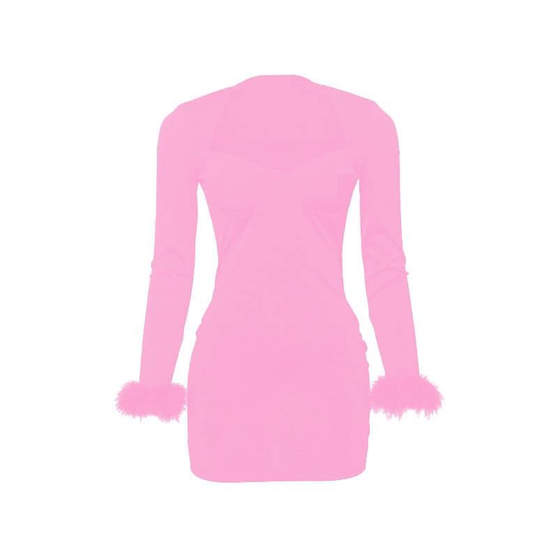 Feather Patchwork Long Sleeve Low Cut Mini Dress - View 11