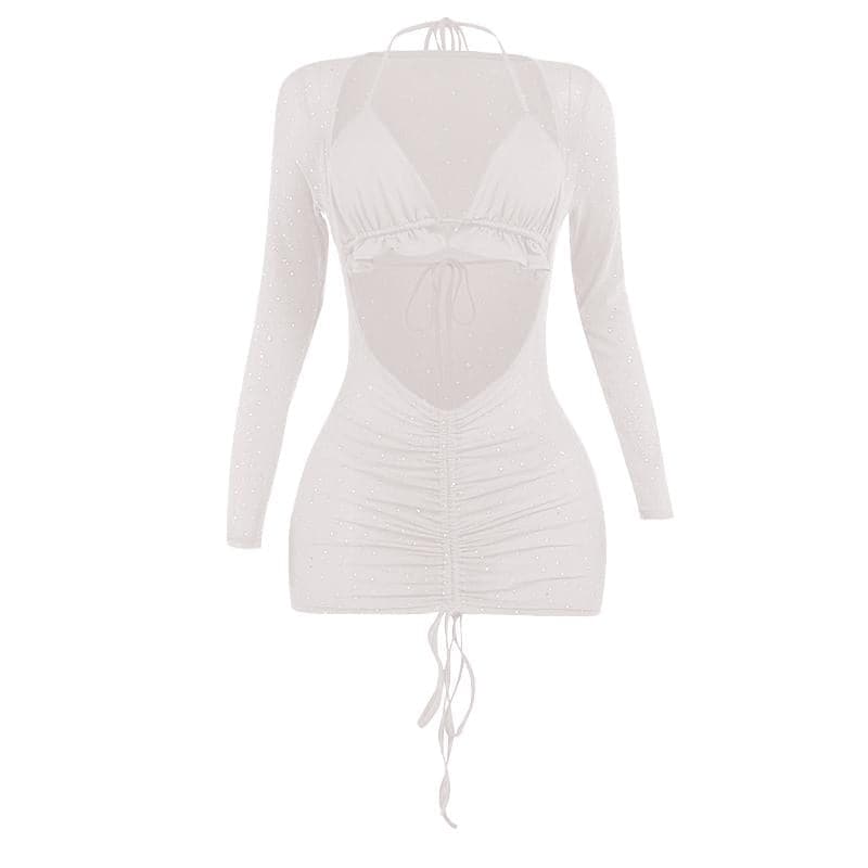 Rhinestone Sheer Mesh Long Sleeve Halter Ruched Cut Out Mini Dress - View 9