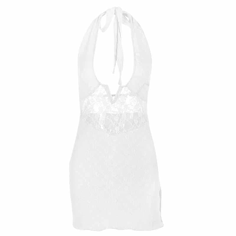 Lace Halter Deep V-Neck High Split Mini Dress - View 2