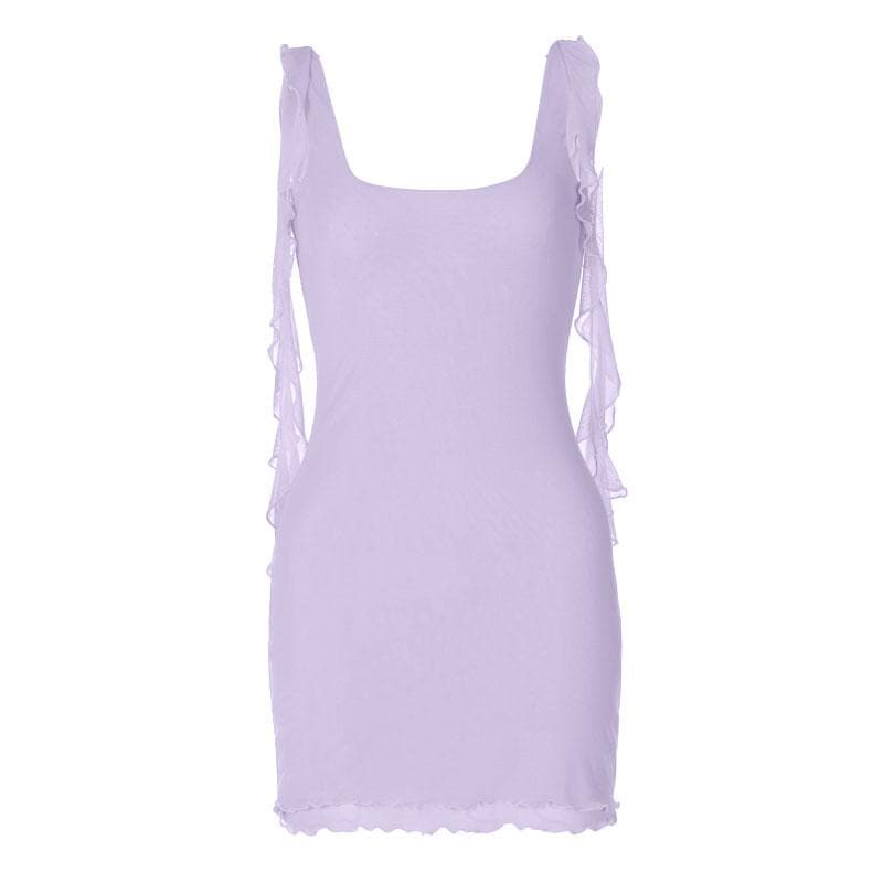 Square neck sheer mesh backless ruffle ribbon solid mini dress - View 5