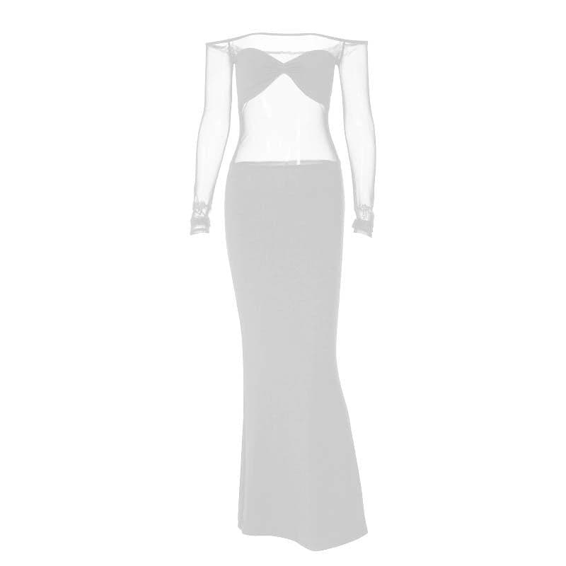 Ruched mesh patchwork off shoulder long sleeve slit maxi dress - View 7