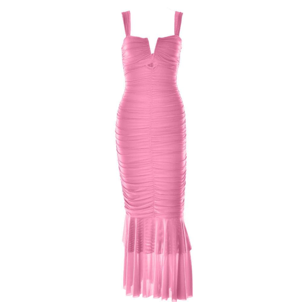 Solid ruched notch neck mesh zip-up ruffle maxi dress - View 13
