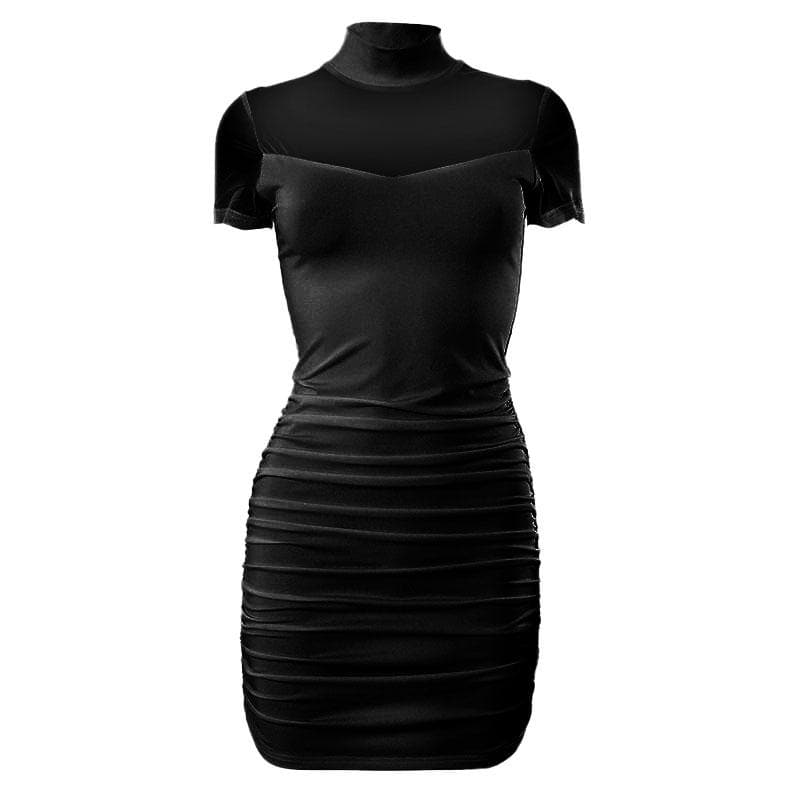High neck short sleeve mesh patchwork ruched solid mini dress - View 2
