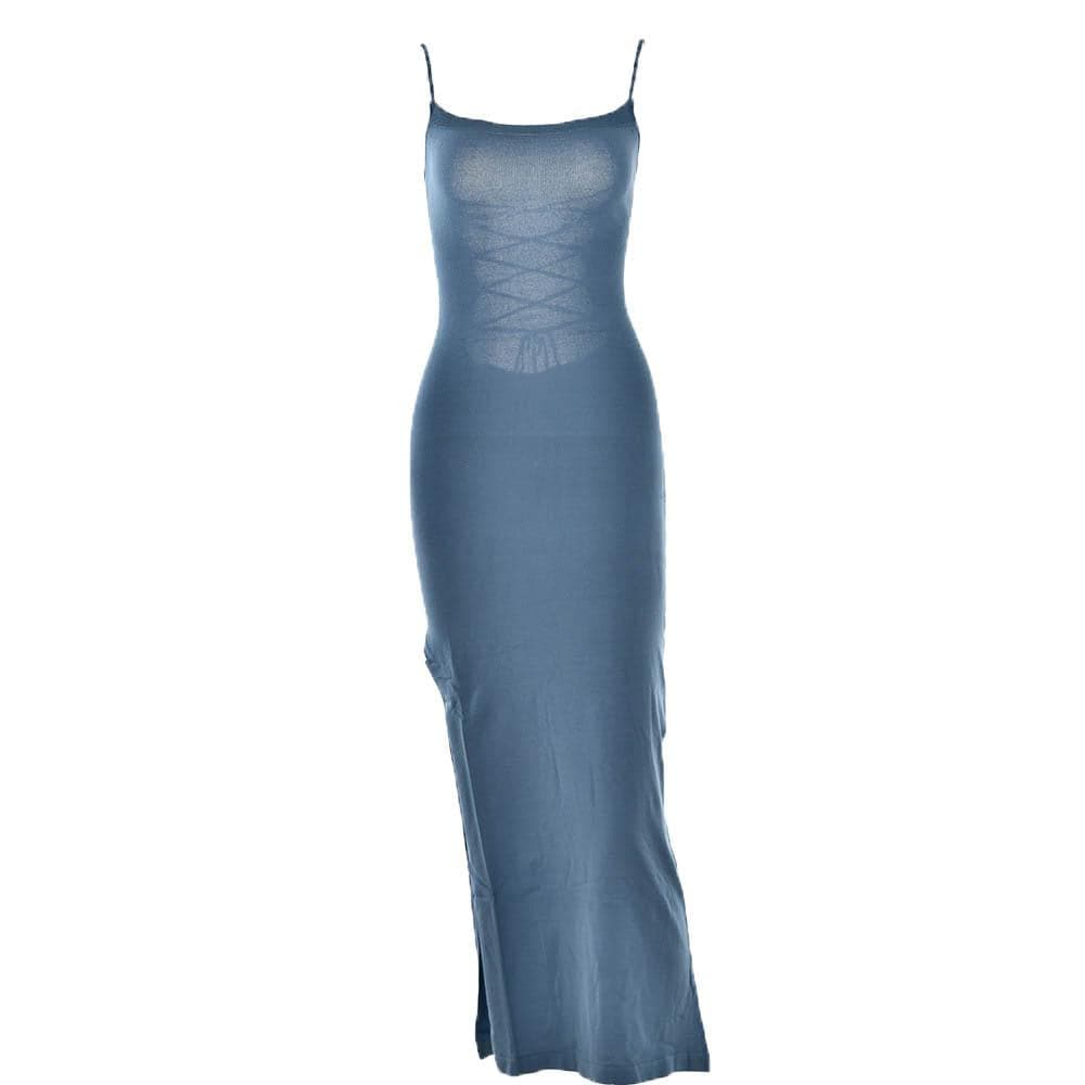 Lace up square neck slit solid backless cami maxi dress - View 11