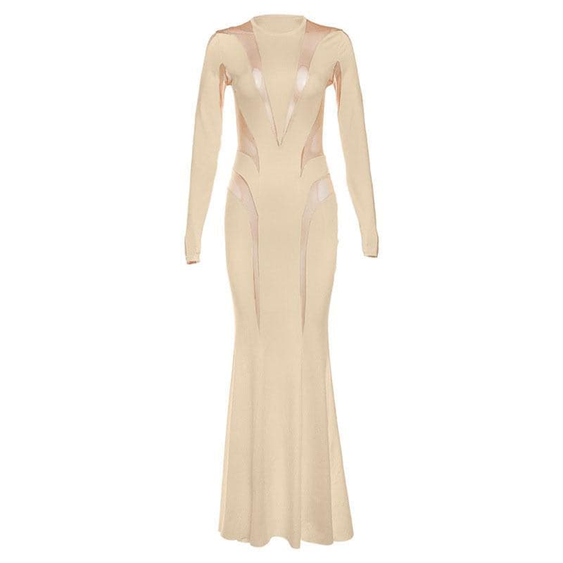 Crewneck long sleeve mesh patchwork maxi dress - View 4