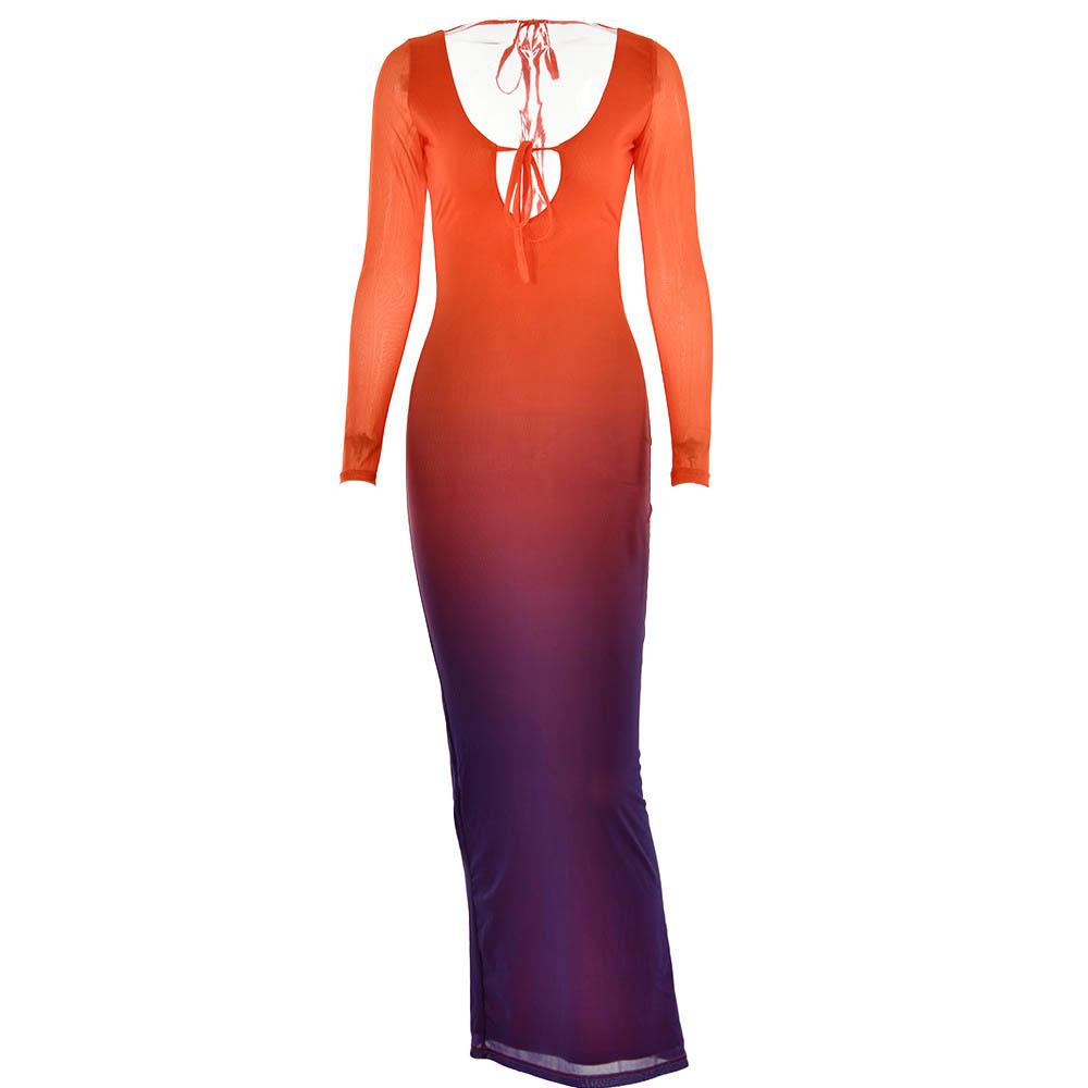 Mesh gradient long sleeve self tie backless slit maxi dress - View 2