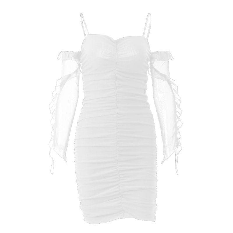 Solid ruched backless ruffle mesh mini dress - View 3