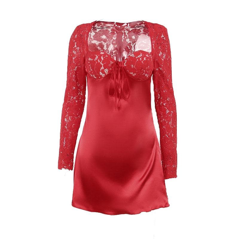 Lace zip-up long sleeve patchwork padded mini dress - View 2