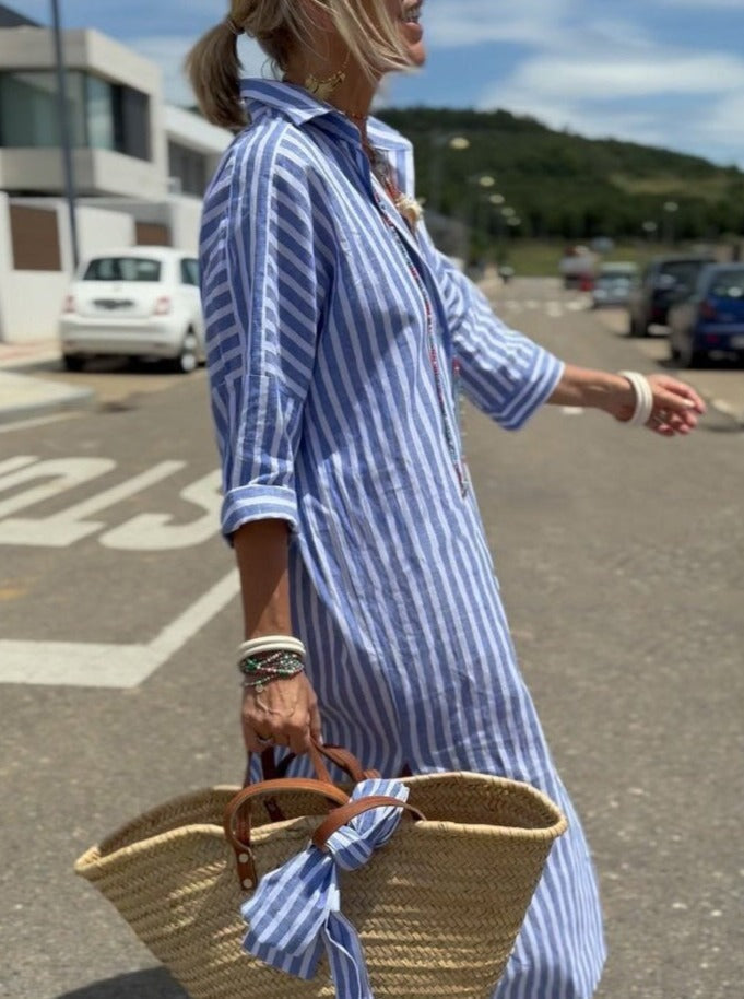 Vertical Stripe Button Down Long Sleeve High Split Midi Shirt Dress - View 5