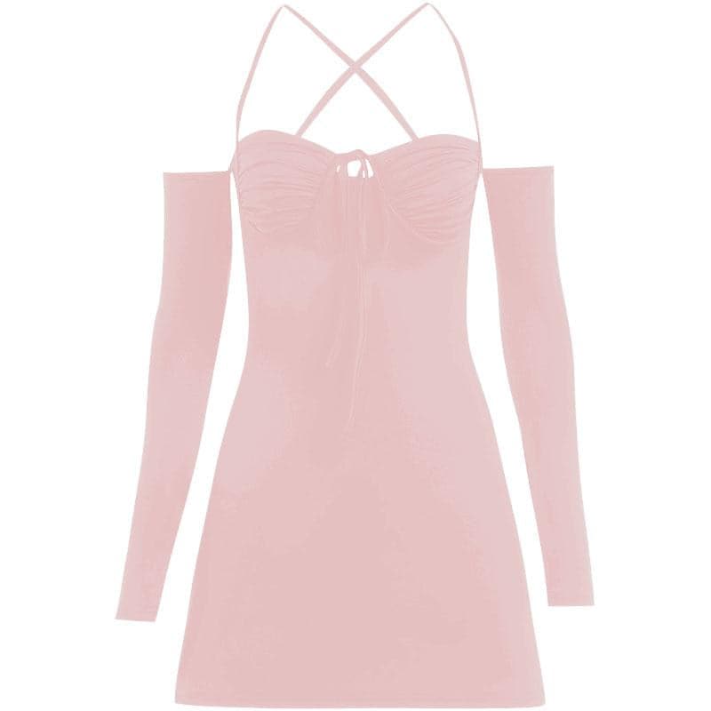 Lace up solid cross back off shoulder long sleeve mini dress - View 8