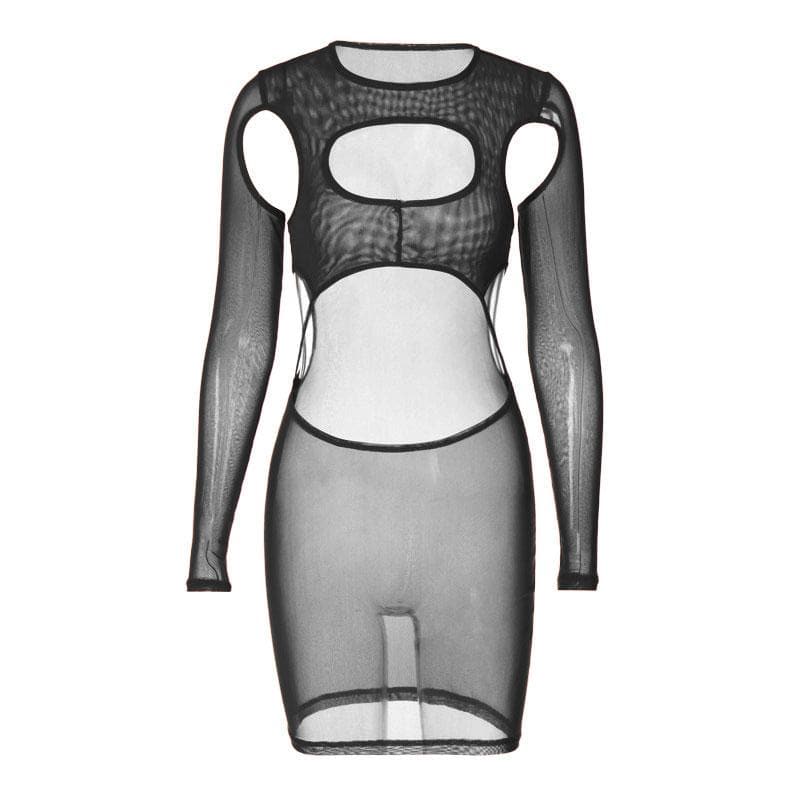 Long sleeve hollow out sheer mesh see through mini dress - View 2