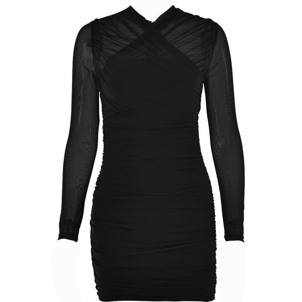 Cross Front Mesh Ruched Long Sleeve Mini Dress - View 10