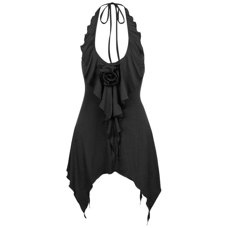 Halter Neck Flower Applique Ruffle Handkerchief Hem Mini Dress - View 3
