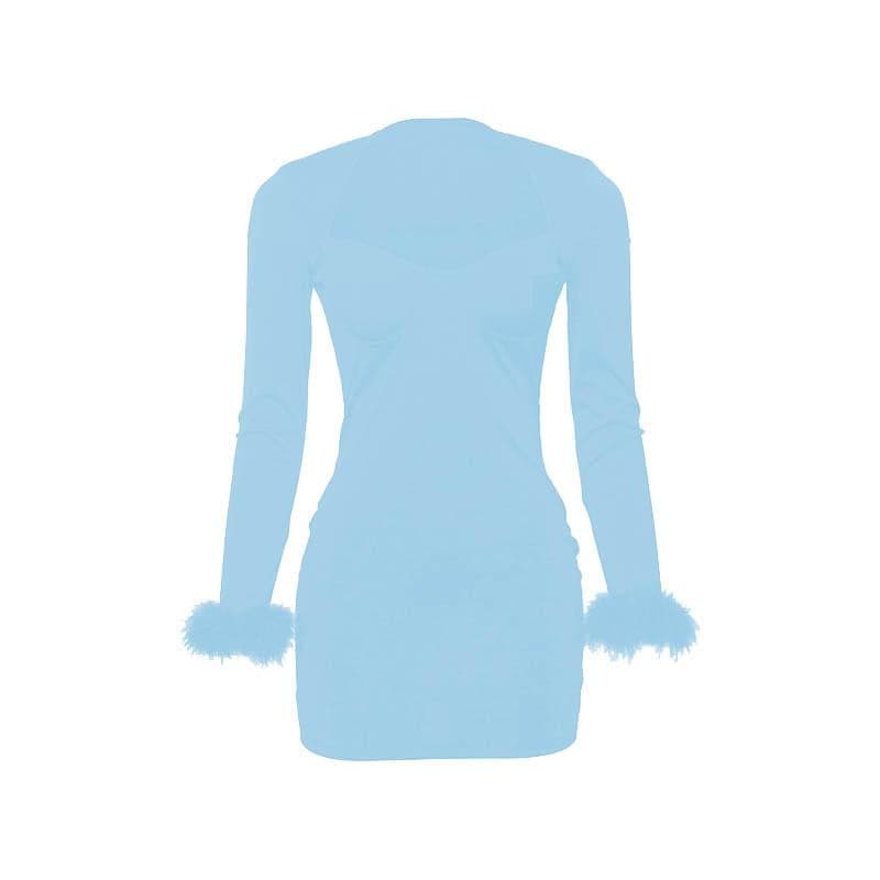 Feather Patchwork Long Sleeve Low Cut Mini Dress - View 9