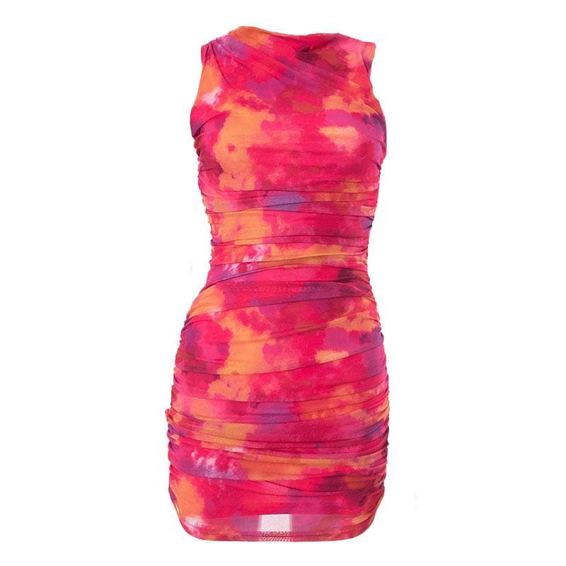 Ruched tie dye sleeveless crewneck mesh mini dress - Final Sale - View 4