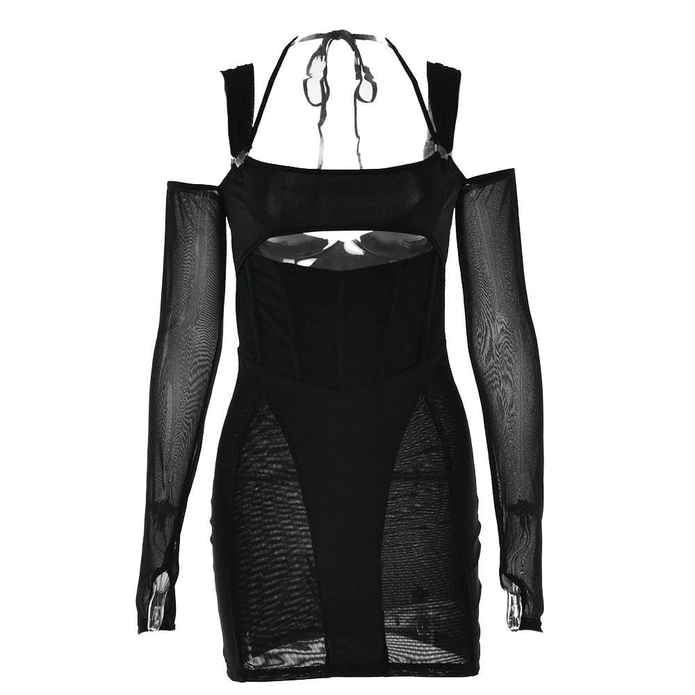 Mesh Square Neck Long Sleeve Corset Cut Out Bodycon Mini Dress - View 3