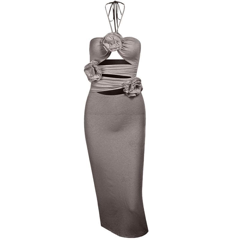 Halter Neck 3D Rose Cut Out Ruched Bodycon Maxi Dress - View 4