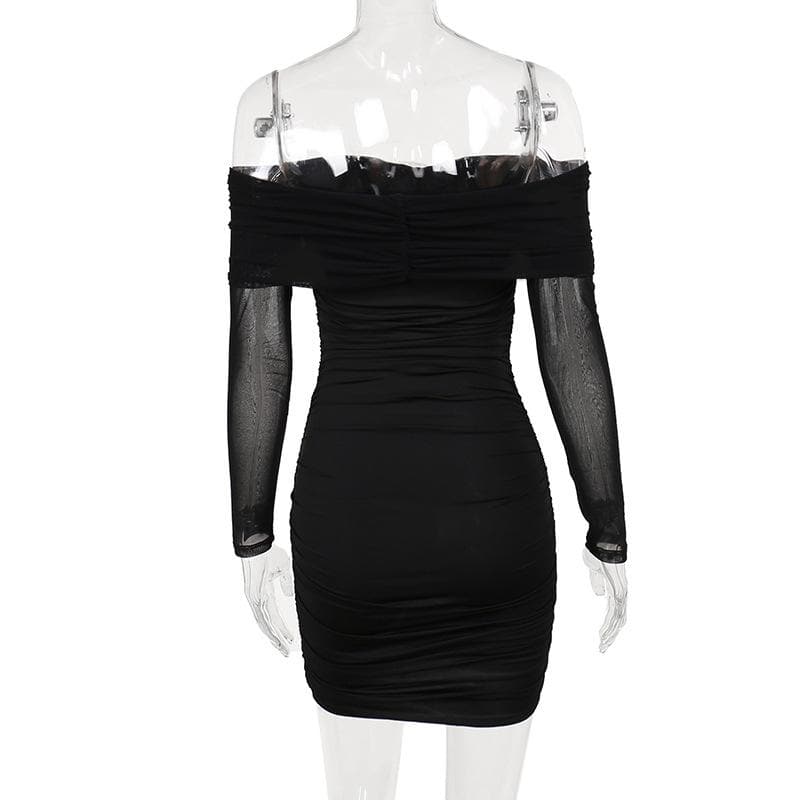 Off Shoulder Long Sleeve Ruched Rosette Bodycon Mini Dress - View 4