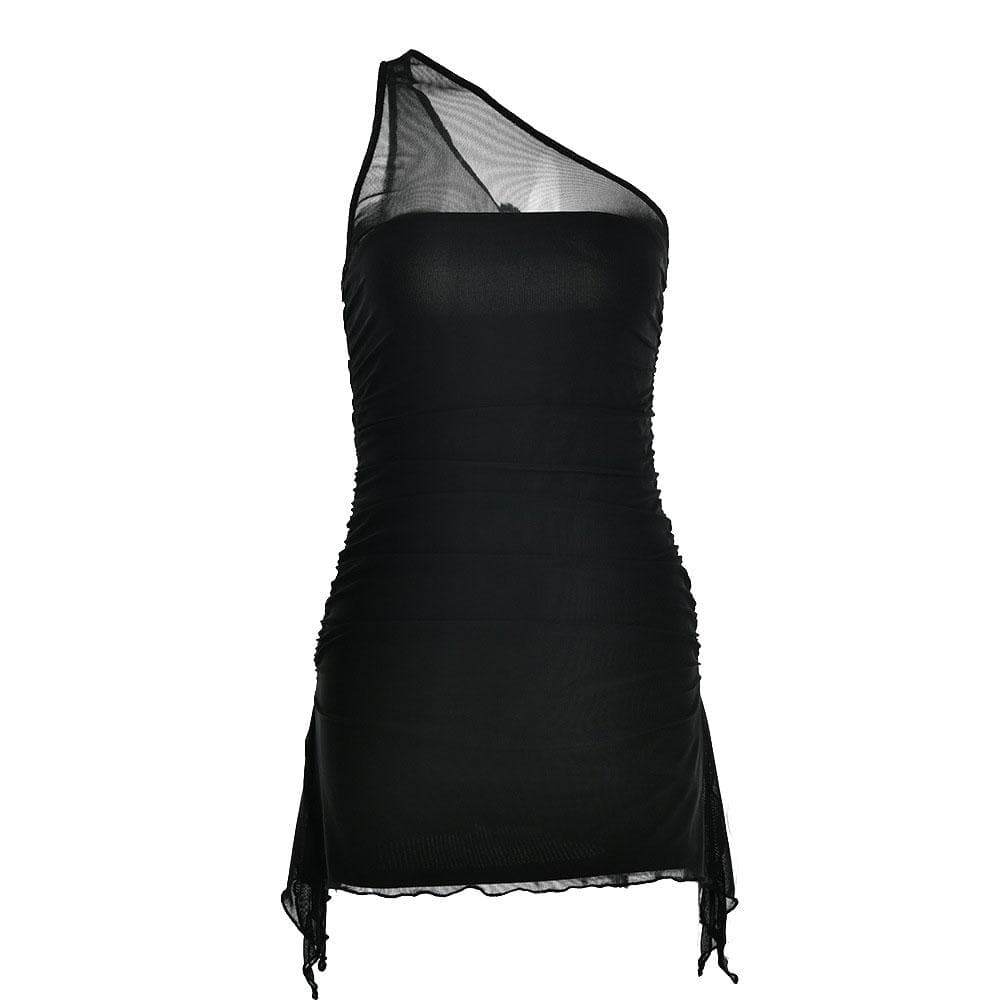Solid one shoulder mesh patchwork ruffle ruched zip-up mini dress - View 2