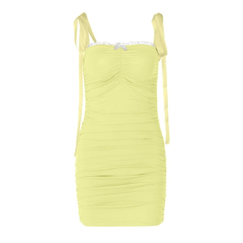 Ruched lace hem self tie square neck backless mini dress - View 2