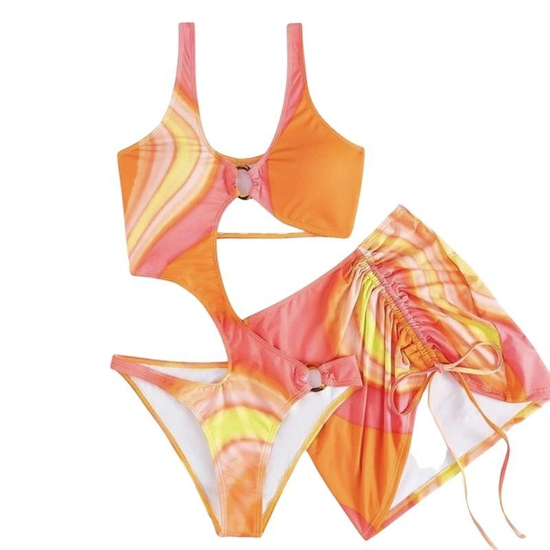 Hollow out o ring contrast drawstring one piece swimwear with mini skirt