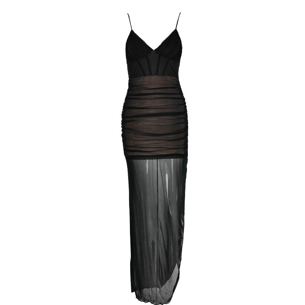 Mesh v neck ruched slit zip-up spaghetti strap maxi dress - View 4